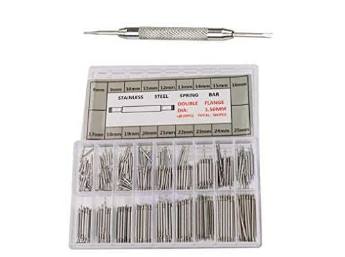 Kit de Réparation pour Bracelet de Montre,360 PCS Barres de Ressort de Bande en Acier Inoxydable avec 1 PCS Outil de Réparation de Dissolvant Réparation de Bracelet Barrette Ressort Bracelet 8-25MM Cover