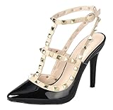 Forever Shoes Women Stiletto High Heels Pointy Toe Studded Pumps Ankle Strap Two Tone Biege Gold Accent STUDS-03 Black 8