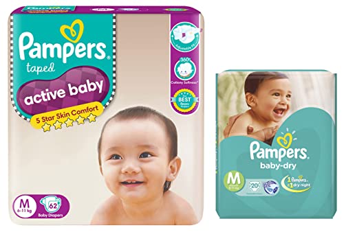Image of Pampers Active Baby Diapers - 62 Pieces (Medium) & Pampers Baby Dry Diapers - 20 Pieces (Medium)