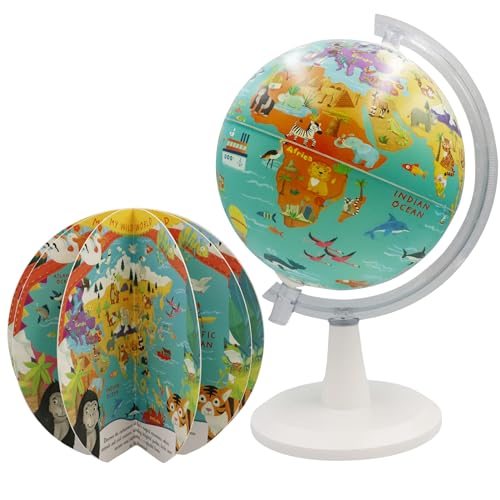 EXERZ Globo terráqueo de 20 cm con libro “Mi mundo salvaje”, 16 páginas. Girar, dar vueltas, jugar, leer y descubrir sobre los animales de la Tierra
