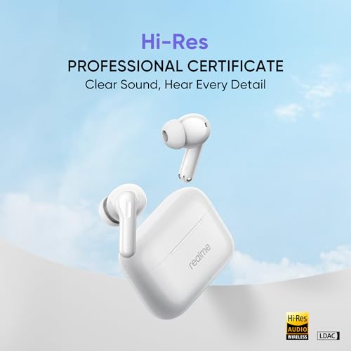 Image of realme Buds T200 True Wireless Earbuds with Hi-Res Audio, 12.4mm Dynamic Bass Drivers, 32 dB ANC, Quad Mic, 45ms Latency, Upto 50 Hrs Playback, Fast Charge, IP55 Rated, BT 5.4 (Snowy White)