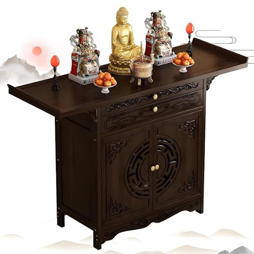 Meditation Table with Cabinet Door, Altar Table, Temple Cabinet for Home Pooja, L 26" 31.5" 39.4" 47.2" W15.7 H39.4 Spiritual Stand Altar cabinets(Walnut,L26in)