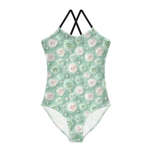 senya Girls Swimsuits One-Piece Swimwear Tie Bathing Suit Beach Summer Round Neck 7-8T Green Rose Pattern