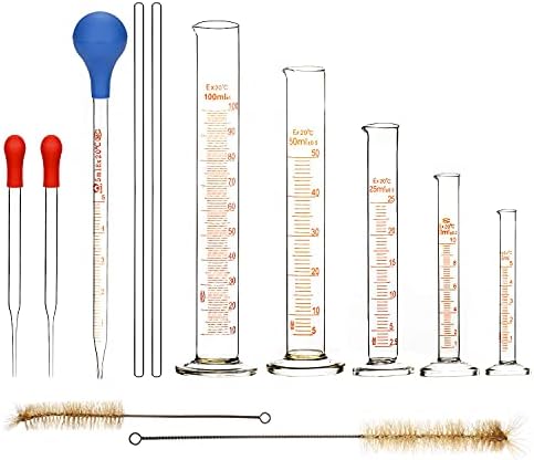 stonylab Graduated Cylinder Set, 12 Pcs - Include 5 Borosilicate Glass Measuring Cylinders in 5 ml/10 ml/25 ml/50 ml/100 ml, 3 Pipettes, 2 Stirring Rods and 2 Clean Brushes