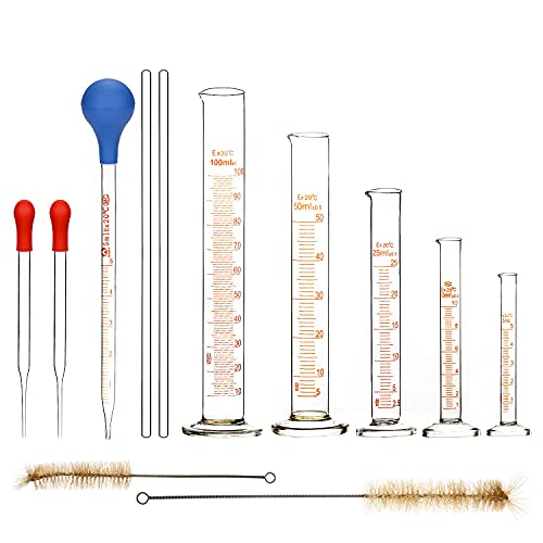 stonylab 12 Pièces 5 ml / 10 ml / 25 ml / 50 ml / 100 ml Ensemble de Cylindres Gradués en Verre Borosilicaté, Glass Cylinder avec Pipettes/Bâtonnets d'Agitation/Brosses Propres Cover