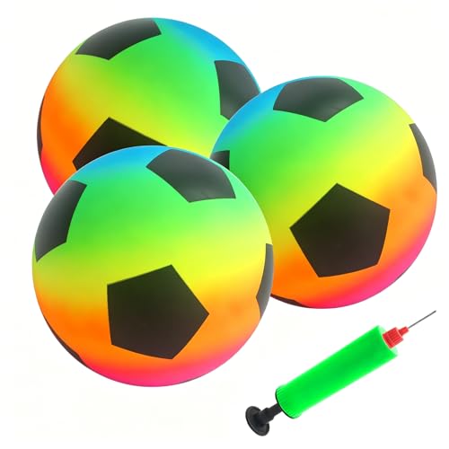 3 Stück Regenbogen Ball Kinder, PVC Fussball Kinder und Erwachsene | Aufblasbaren Bälle mit Pumpe, 22cm Kinderball Regenbogenball Wasserball, Fußball für Innen und Außen Spielball Kinders
