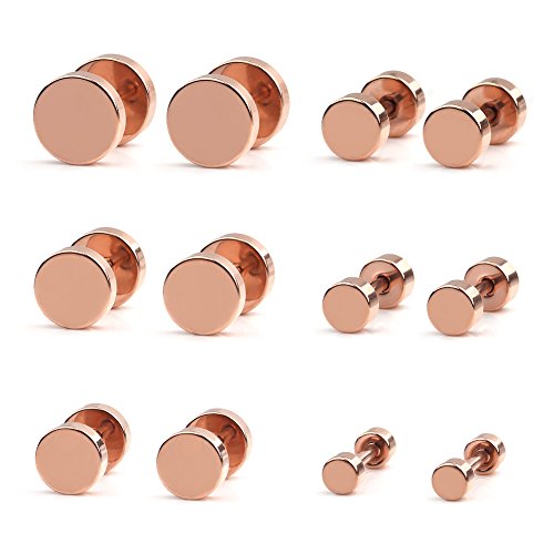 Ruifan 18G Stainless Steel Mens Womens Faux Gauges Ear Plugs Tunnel Earrings Stud 3-8mm 6Pairs - Rose Gold