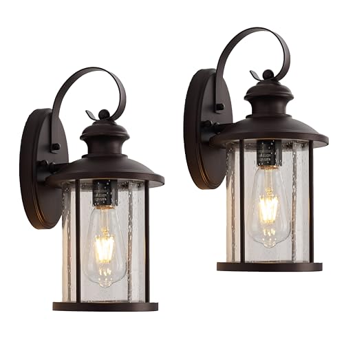 Image of MICSIU 13.75 inch Bronze Vintage Farmhouse Round Outdoor Wall Light 2 Pack | 100W Max, Clear Seedy Glass, Exterior Porch Sconce for House, Garage, Front Door, Deck