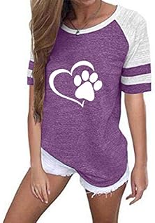 Short Sleeve Baseball T Shirts for Women Dog Footprints Pattern Print Crewneck Tee