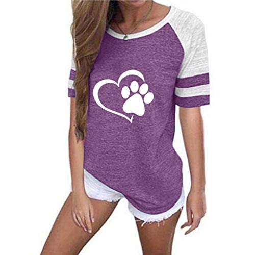 Short Sleeve Baseball T Shirts for Women Dog Footprints Pattern Print Crewneck Tee