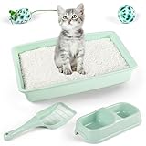 Pawise Newborn Small Cat Litter Box Kit for Kittens – 5‑Piece Kit with Shallow Cat Litter Pan, Feeding Bowls, Scooper, Kitten Starter Kit Mouse Toy, 14.5x10.5 Inches, Green