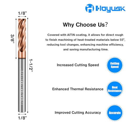 Image of 1 /8 inch Carbide End Mills - 4 Flute Square End Mill with AlTiN Coating, HRC 55 Deg, 4T Tungsten Milling Bits for Stainless Steel, Hardened Steel, Cast Iron, Copper, Alloys & More