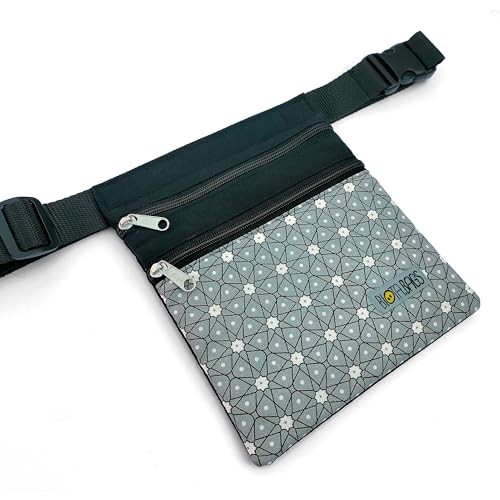 BiotaBags - Riñonera plana artesana de tela, Bolso de cadera, Bandolera lateral cintura con dos bolsillos, Faltriquera (Estampado Gris)