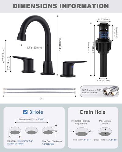 Robinet d'évier de salle de bain large noir mat 2 poignées
