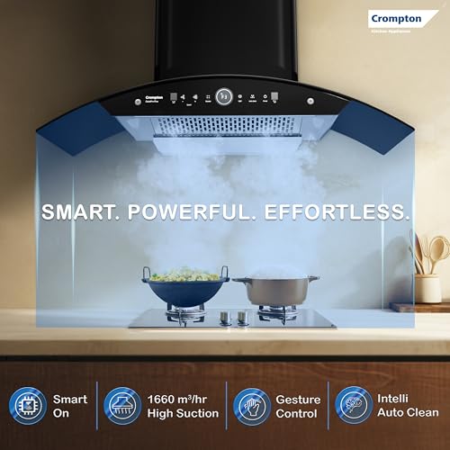 Image of Crompton QuietPro Plus BLDC 1660m3 /hr 90cm Curved Chimney| Filterless Intelligent Autoclean| Smart On| Built In Oil Collector| Touch+ Motion Sensor Control| 10Yrs Motor & 2Yrs Overall Warranty