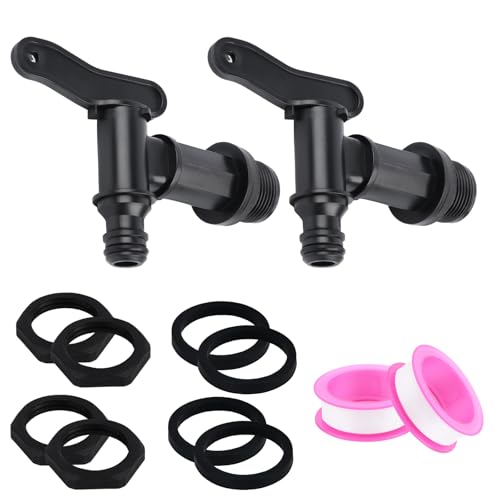 Wasserhahn für Regentonne, 2 Stück Auslaufhahn 3/4 Zoll Regentonne Hahn Kunststoff Ersatzhahn mit Dichtung Kontermutter Dichtband, für Heim Garten Regenfass Regenwassertonne Wassertank
