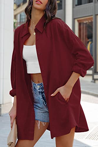 Image of FSHAOES Womens Oversized Button Down Shirts Casual Loose Long Sleeve Solid Lapel Long Blouses Tops with Pockets