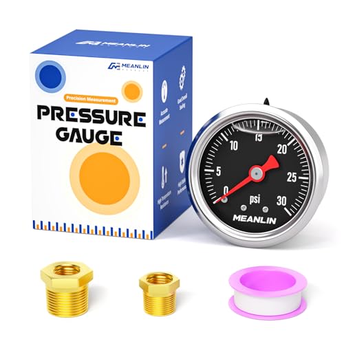 MEANLIN MEASURE 0~30Psi Stainless Steel 1/8" NPT 1.5" FACE DIAL, Glycerin Filled Pressure Gauge, Liquid Filled, Back Mount(Black) with 1/8" x 1/4" NPT and 3/8" NPT Hex Bushing