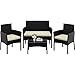 Yaheetech 4 Pieces Outdoor Patio Conversation Set, PE Rattan Wicker Sofa Set with Soft Cushion and Tempered Glass Table for Yard, Poolside, Garden (Black/Beige)