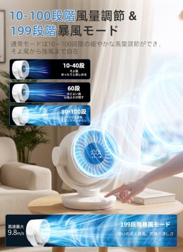 サーキュレーター 扇風機【2026高性能版·199段階暴風モード·-25℃瞬間冷却】卓上扇風機 強力 タイマー機能 【家電批評ベストバイ受賞】3D首振り 10-100段階風量調節 12000mAh大容量 LEDディスプレイ dcモーター 静音 30畳対応 一台多役 衣類乾燥/送風/冷房/空気浄化/梅雨対策に 節電対策 暑さ対策 熱中症対策 リモコン付属 日本語取扱説明書付き (ホワイト)