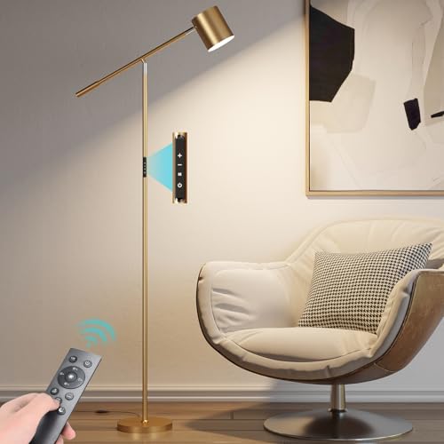 LED Floor Lamps for Living Room, Modern Stepless Dimmable Standing Lamp with Remote & Touch Control, Adjustable Swing Arms 73" Tall Gold Floor Lamp for Reading Sewing Craft