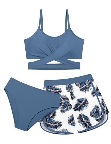 Image of Girls Swimsuit 3 Piece Bathing Suit Criss Cross Bikini Set Girls' Swimwear with Shorts 7-16T