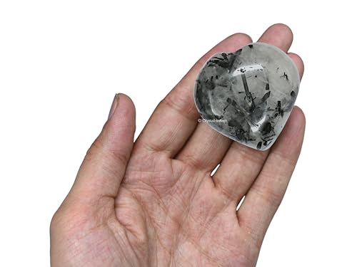 Image of Certified Black Rutilated Quartz Crystal Heart Palm Pebbles Stones for Anxiety Stress Relief Massage - AAA Grade Original Healing Gemstone Agate Heart Palm Stone for Yoga Meditation Spiritual