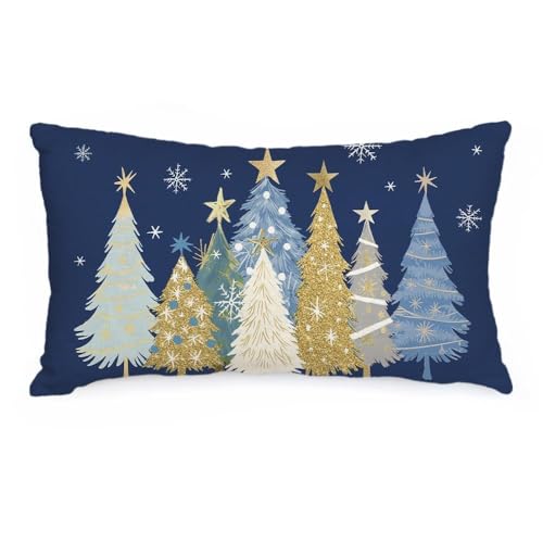AACORS Christmas Pillow Cover 12X20 Inch Watercolor Christmas Tree Stars Decoration Holiday Farmhouse Winter Pillow Case for Sofa Couch DecorBlue AA608-12