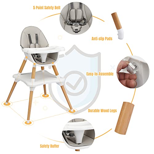 Honey Joy Baby High Chair, 5-In-1 Convertible Wooden Highchair For Babies And Toddlers/Table And Chair Set/Booster Seat/Toddler Chair With Safety Harness, 4-Position Removable Feeding Tray (Gray) #TOP3