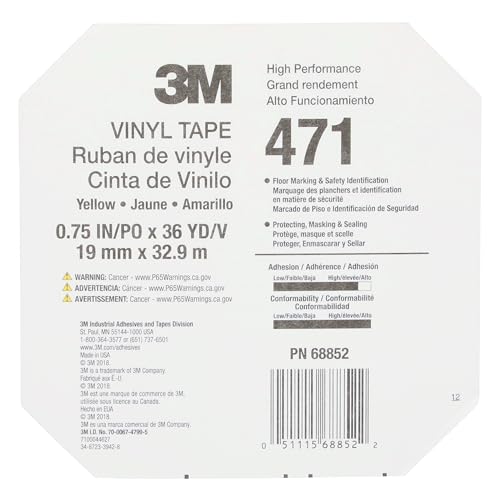 Image of 3M Vinyl Tape 471, 3 /4 in x 36 yd, Yellow, 1 Roll, Yellow Floor Tape, Paint Alternative for Floor Marking, Social Distancing, Color Coding, Safety Marking