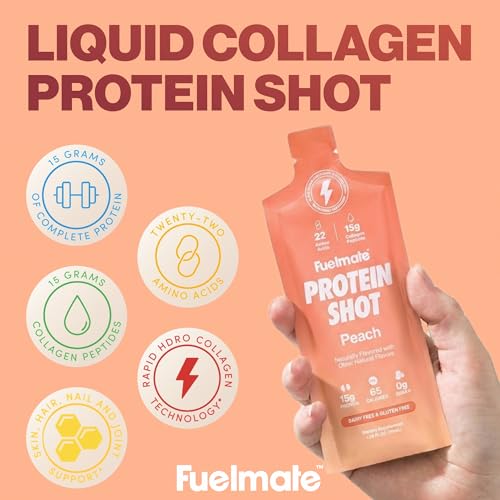 Image of Peach Liquid Collagen Easy Protein Shots - 15g Protein + 22 Amino Acids - Hydrolyzed Bovine Collagen Peptides for Recovery, Skin, Hair & Joints - 10 x 1.29oz - Sugar, Dairy & Gluten Free