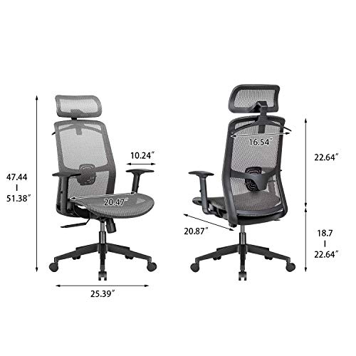 Furmax Ergonomic Office Chair Executive Chair With Mesh Seat High Back Computer Desk Chair With Adjustable Headrest Lumbar Support Armrest Rolling Task Chair With Clothes Hanger (Gray) #TOP2