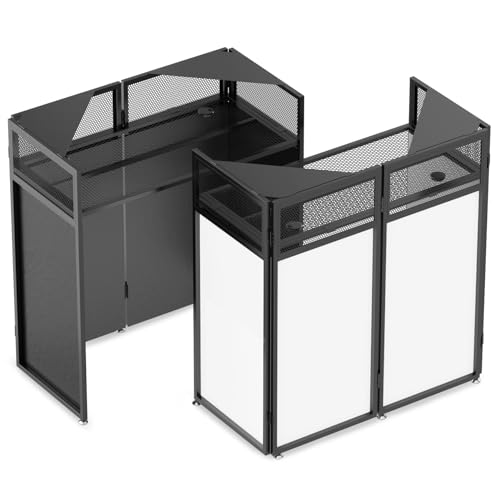 YooKoo Foldable DJ Booth with Two Top Trays, Tool-Free Assembly, DJ Table with White & Black Scrims, Metal Frame DJ Facade, DJ Stand with Cable Hole and Carry Bag, for Parties & Events & Small Studios