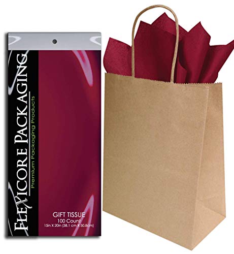 Flexicore Packaging Brown Kraft Paper Gift Bags & Burgundy Gift Wrap Tissue Paper Size: 8 Inch X 4.75 Inch X 10.5 Inch | Count: 50 Bags | Color: Burgundy