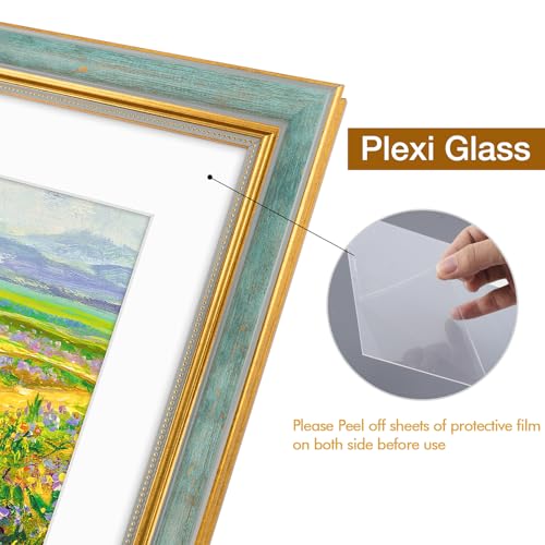 Image of Golden State Art,8.5x11 Ornate Picture Frame Holds 6x8 Photo,Blue Gold | Includes plexiglass front,white mat,easel stand,build-in hangers and buttons.Displays 6x8 photo on wall or tabletop