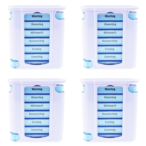 KAMACA 4 er Pack (4 Stück) praktischer Medikamentendosierer 28 Tage mit 4 Fächern pro Tag, Pillendose,Pillenbox, Tablet, Organizer, Tablettenbox, Wochendosierer 1 Monat (4er Set - 4 Wochen)