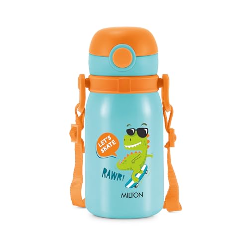 Image of MILTON Torque 450 ISI Certified Stainless Steel Water Bottle, Leak Proof, Rust Proof, Single walled,1 Yr Warranty, Ideal Sipper Water Bottle for School Kids Bottle, 455 ml, Blue (Dinosaurs)