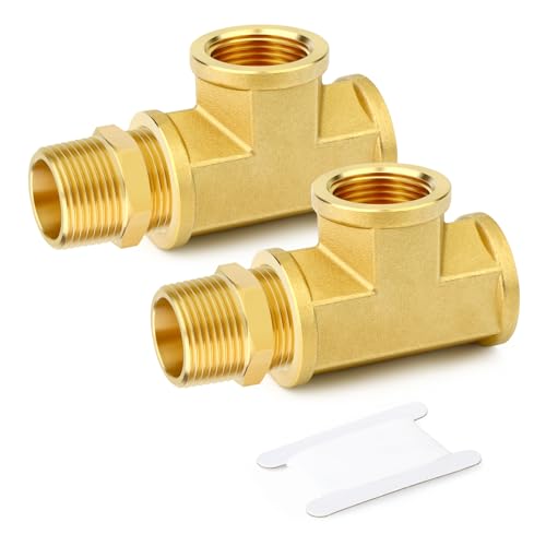 Image of GASHER 2PCS Brass Tee Pipe Fittings, 3 /4 inch NPT Female x 3 /4 inch NPT Female x 3 /4 inch NPT Male Pipe Fittings, Male Run Tee