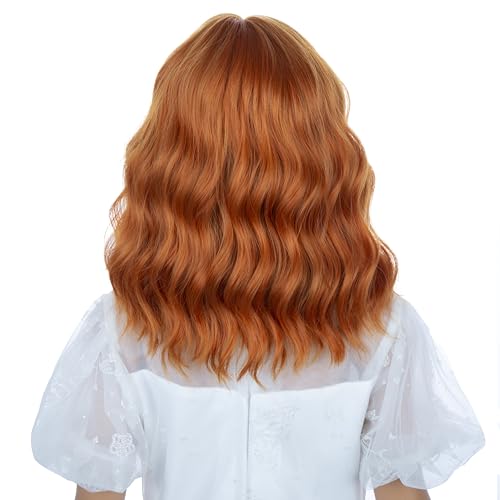 Image of Bright Orange Wig for Kids Girls Short Ginger Orange Wavy Curly Wig Children Wigs with Air Bangs Heat Resistant Synthetic Wigs with Cap