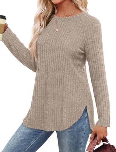 Image of Saloogoe Long Sleeve Shirts for Women 2025 Fall Clothes Tunic Tops Loose Fit Dressy Crewneck Pullover Sweaters Curved Hem