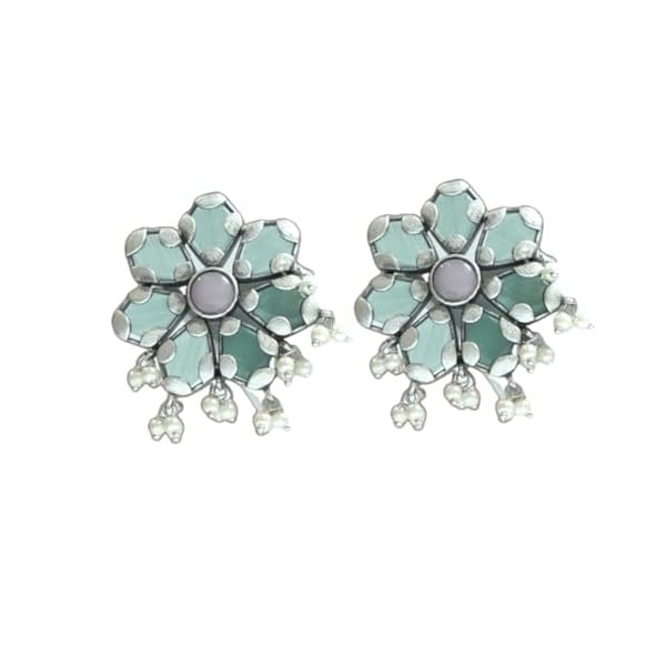 JHUMKARANI 18k Gold Plated Pure Brass Flower Shape Studs Earrings With Monalisa Stone For Women & Girl's