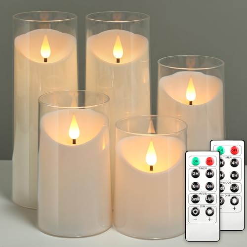 NURADA Flickering Flameless Candles: Acrylic LED Pillar Candles Battery Operated with Remote and Timer Imitation Glass Candle for Home Table Bathroom Decor, Pure White, Pack of 5 (D 3"×H 4"5"6"8"8")