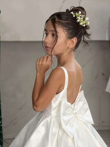 Satin Flower Girl Dress for Wedding Spaghetti Strap Backless Princess Ball Gown First Communion Dress with Bow4
