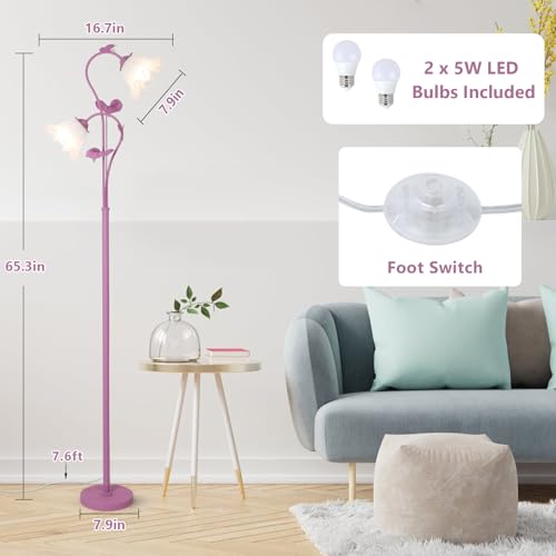 Image of HMVPL Purple Floral Floor Lamp, Girls Flower Floor Lamp for Bedroom, Cute Lotus Standing Lamp with 2 LED 5W Blubs, Foot Switch, Unique Flower Tall Lamp for Living Room Kids Nursery Bedside Corner