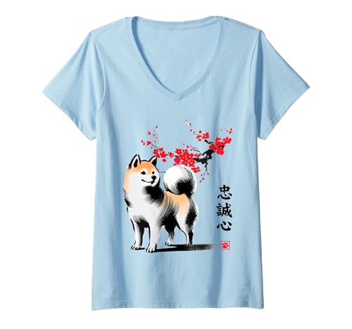 Womens Japanese Art Sumi-e Shiba Inu Dog Cherry Blossom Loyalty V-Neck T-Shirt