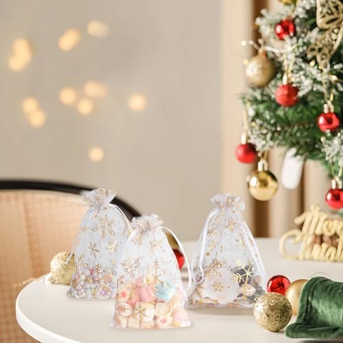 Image of Snowflake Organza Bags, 50 PCS Christmas Sheer Organza Bags with Drawstring 4 x 6 inch, Jewelry Gift Bag, Gold Small Mesh Goodies Xmas Wedding Favor Mini Candy Pouches Bag for Christmas Party Favors