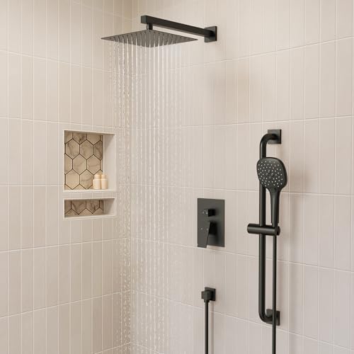 Sistema de ducha de lluvia cuadrada, juego de grifería con cabezal de ducha de alta presión de 10" y ducha de mano con barra deslizante, Negro Mate miniatura 1