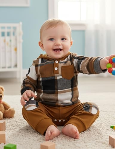 Fommy Baby Boy Clothes Flannel Plaid Outfits Long Sleeve Hoodie Romper Fall Winter 2 Pcs Clothes for Boy2