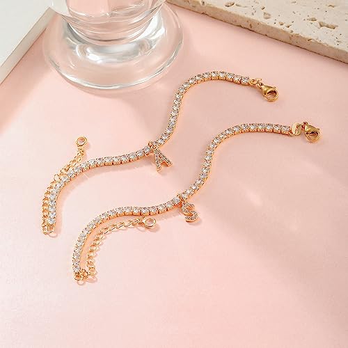 Glijwele Tennis Bracelets For Women Teen Girls, 14K Gold Plated Tennis Bracelet Gold Bracelets For Women Teen Girls Letter Initial Bracelets For Women Diamond Bracelets For Women Teen Girls Gifts(M) #TOP5