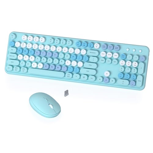 Colorful Wireless Keyboard and Mouse Combo, COVEVA 2.4GHz Wireless Retro Cute Round Keycaps Keyboard, 104 Keys Full-Sized Keyboard Mouse Set with Switch Button for PC Laptop Desktop (Blue Colorful)